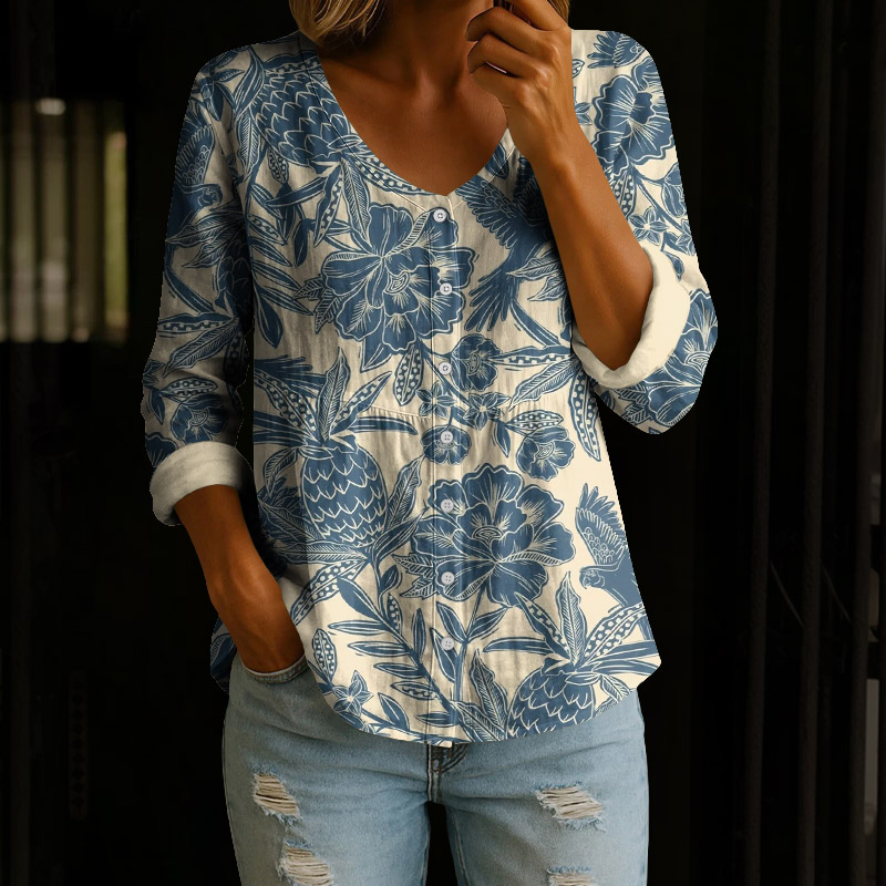 Vintage Pineapple & Flowers Print Button V-neck A-line Long Sleeve Blouse - Blue - 4XL - image 1