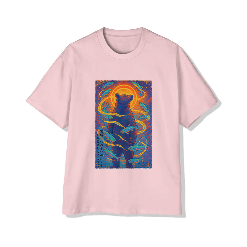 Unisex Japanese Fantasy Bear And Fish Print Short Sleeved Crew Neck T-Shirt - Pink - 2XL - image 5