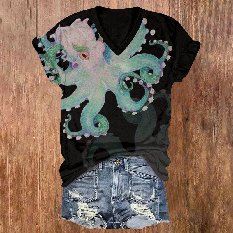 Lily Of The Valley Octopus Art Pattern Print Short Sleeved V-neck T-shirt - Black - US32-34(5XL) - image 3