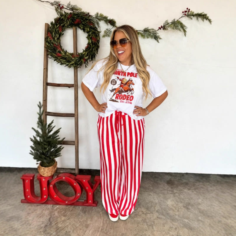 Women's Loose Casual Striped Print Straight Leg Pants - Red - 2XL - image 5