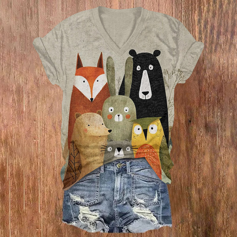 Vintage Funny Animals Art Print Short Sleeved V-neck T-shirt - Light Gray - US32-34(5XL) - image 1