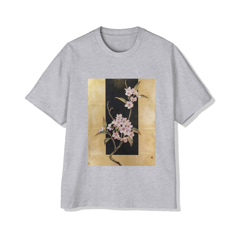 Unisex Japanese Cherry Blossom Art  Pattern Short Sleeved Crew Neck T-Shirt - Grey - 2XL - image 3