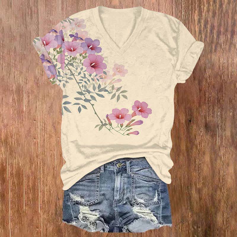 Japanese Watercolor Morning Glory Art Print V-neck T-shirt - Apricot - US32-34(5XL) - image 6