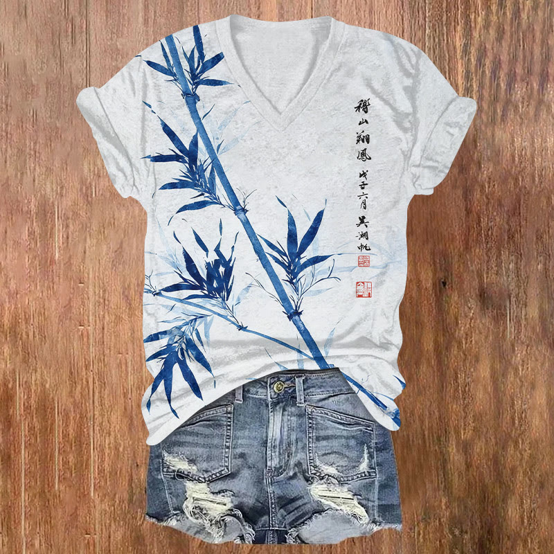 Vintage Bamboo And Poetry Ink Painting Pattern Print Short Sleeved V-neck T-shirt - Blue - US32-34(5XL) - image 3