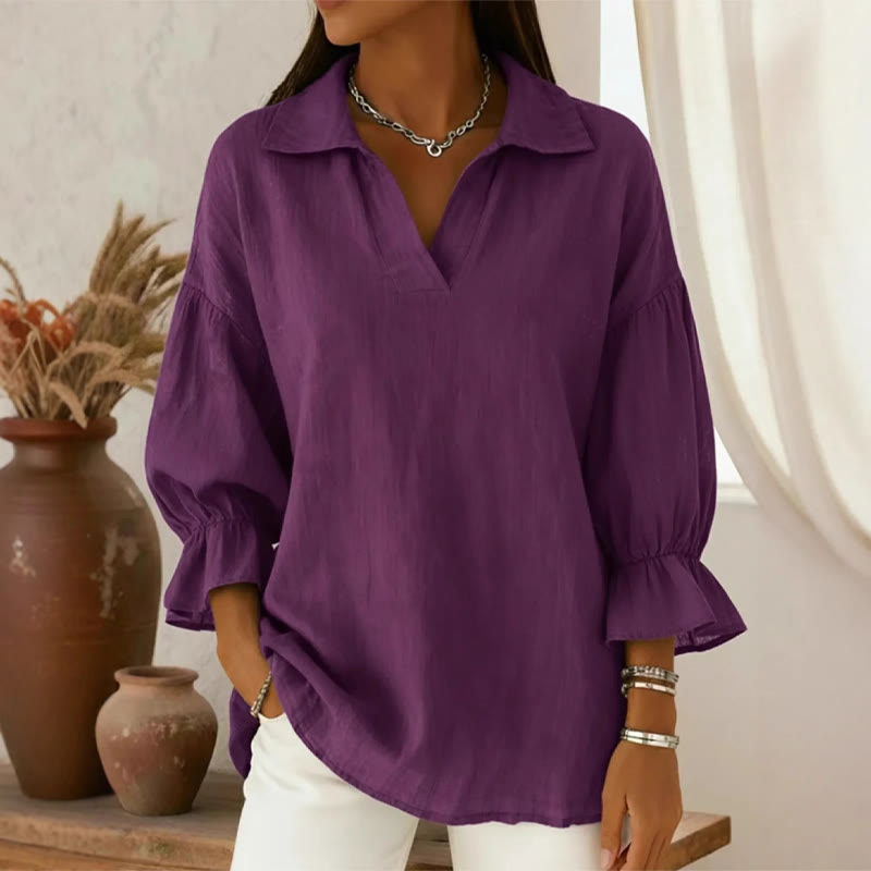 Elegant Solid Lapel 3/4 Lantern Sleeves Blouse - Purple - 3XL - image 5