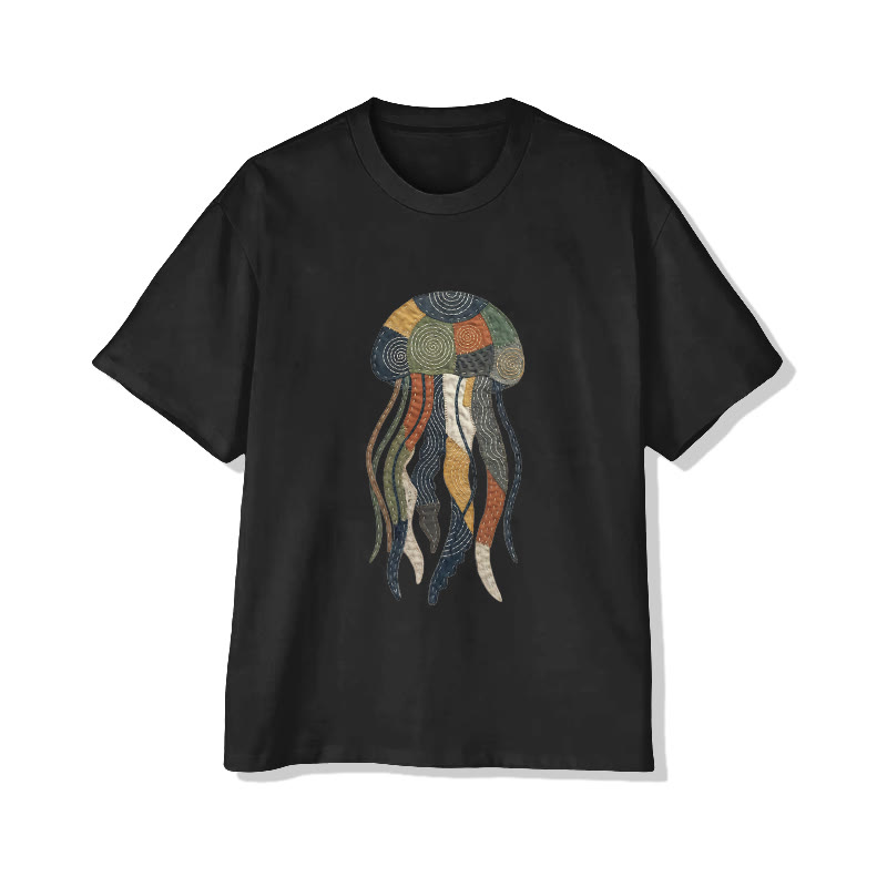 Ocean Jellyfish Art pattern Print Pattern Cotton Print T-Shirt - Black - US16-18(2XL) - image 4