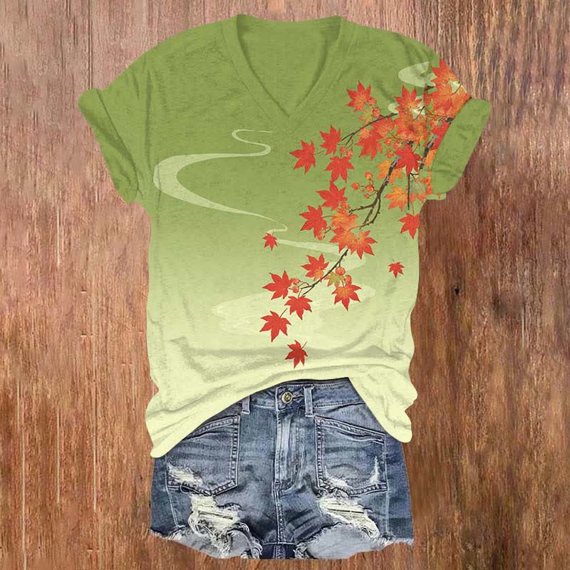Japanese Autumn Maple Leaf Art Print V-neck T-shirt - Green - US32-34(5XL) - image 3