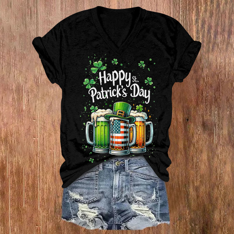 St. Patrick's Day Cheers Print Short Sleeved V-neck T-shirt - Black - US32-34(5XL) - image 3