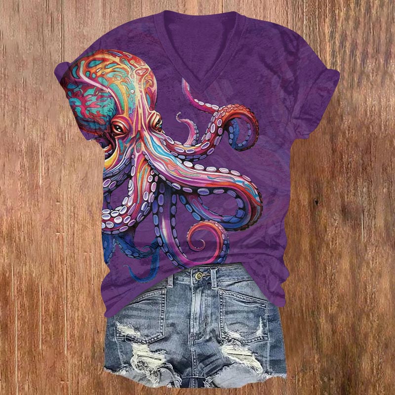 Retro Colorful Striped Octopus Art Print V-neck T-shirt - Purple - US32-34(5XL) - image 3