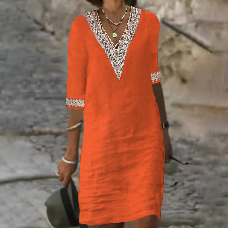 Elegant Solid V-neck Lace Half-sleeve Midi Dress - Orange - 4XL - image 6