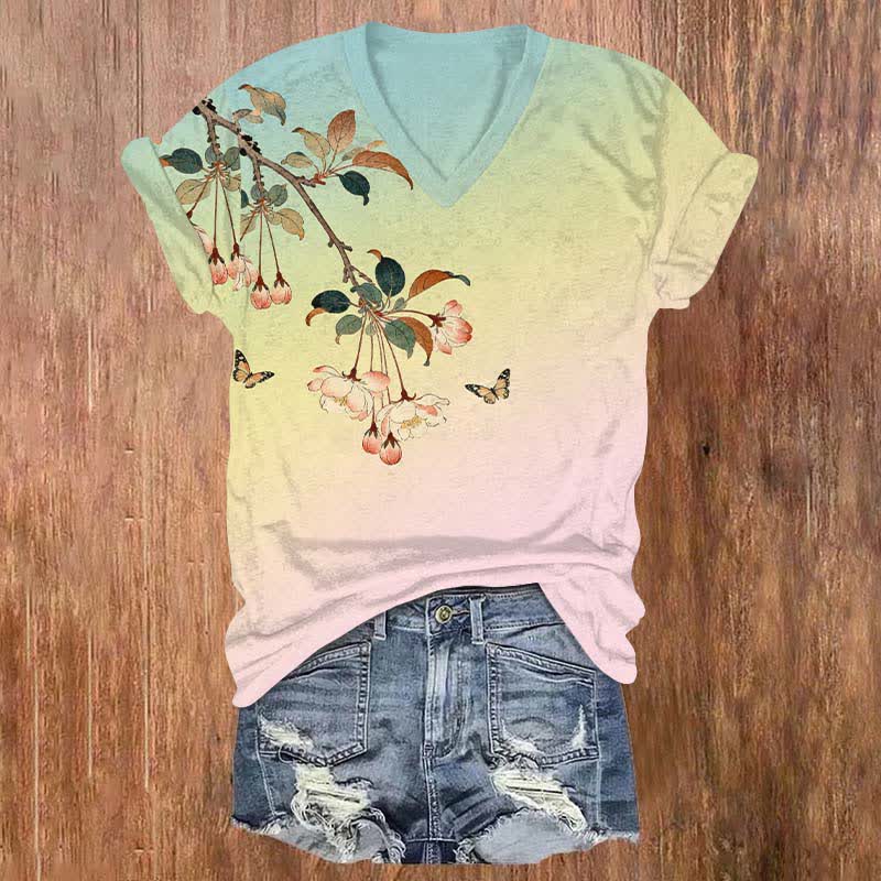 Japanese Vintage Ombre Peach Blossom Art Print V-neck T-shirt - Pink - US32-34(5XL) - image 6
