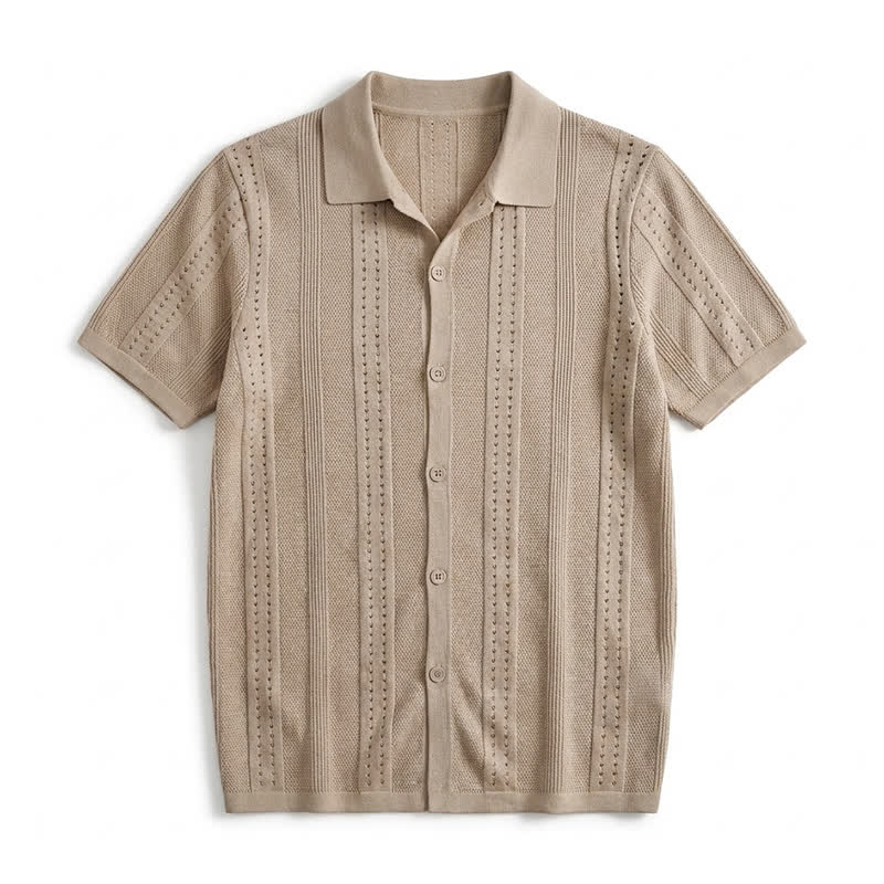 Men's Solid Color Knit Collared Short Sleeve Button Up Polo Shirt - Khaki - 4XL - image 8