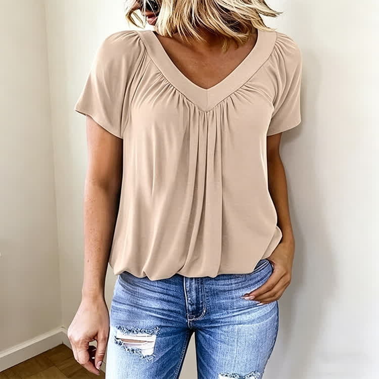 Elegant Cozy Solid Pleated Stretch Short Sleeved V-neck T-shirt - Beige - 3XL - image 26