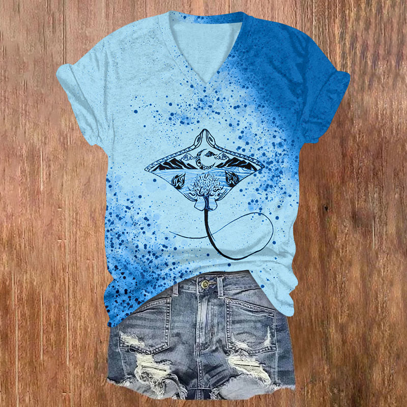 Ink Art Manta Ray Print V-neck T-shirt - Blue - US32-34(5XL) - image 3
