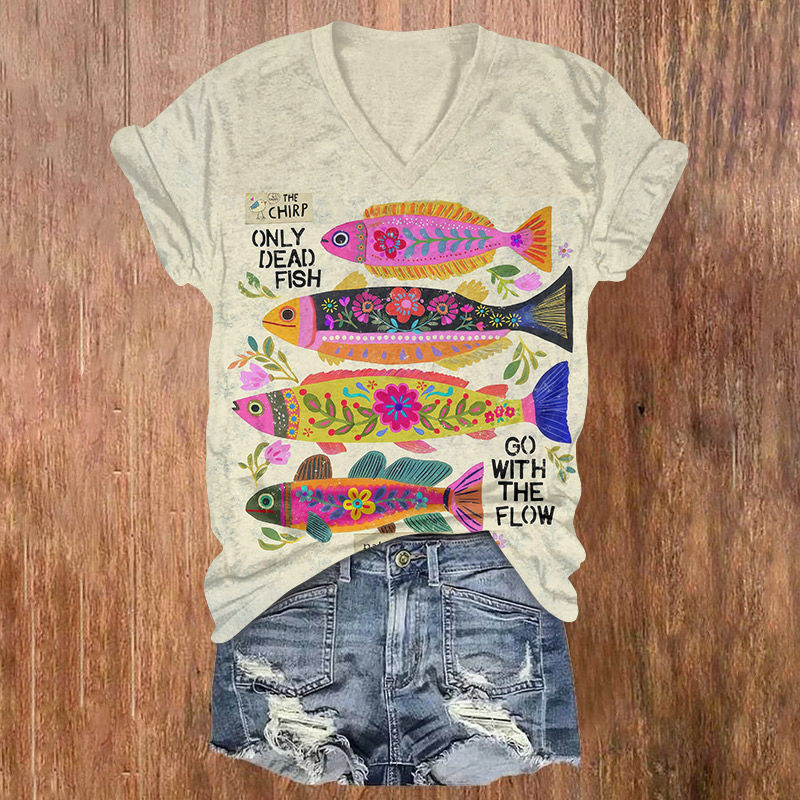 Vintage Funny Floral Fish Print Short Sleeved V-neck T-shirt - Apricot - US32-34(5XL) - image 1