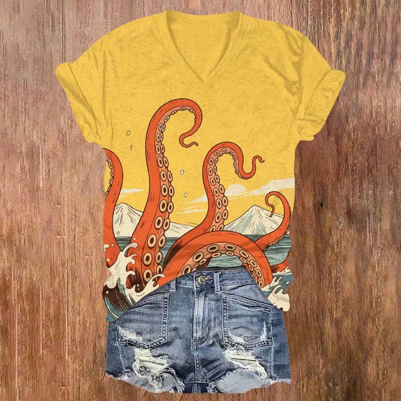 Japanese Cartoon Ocean Octopus Tentacles Art Print V-neck T-shirt - Yellow - US32-34(5XL) - image 5