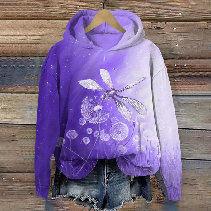Colorblock dandelion & dragonfly print Long Sleeve Hoodie - Purple - US44-46(8XL) - image 3