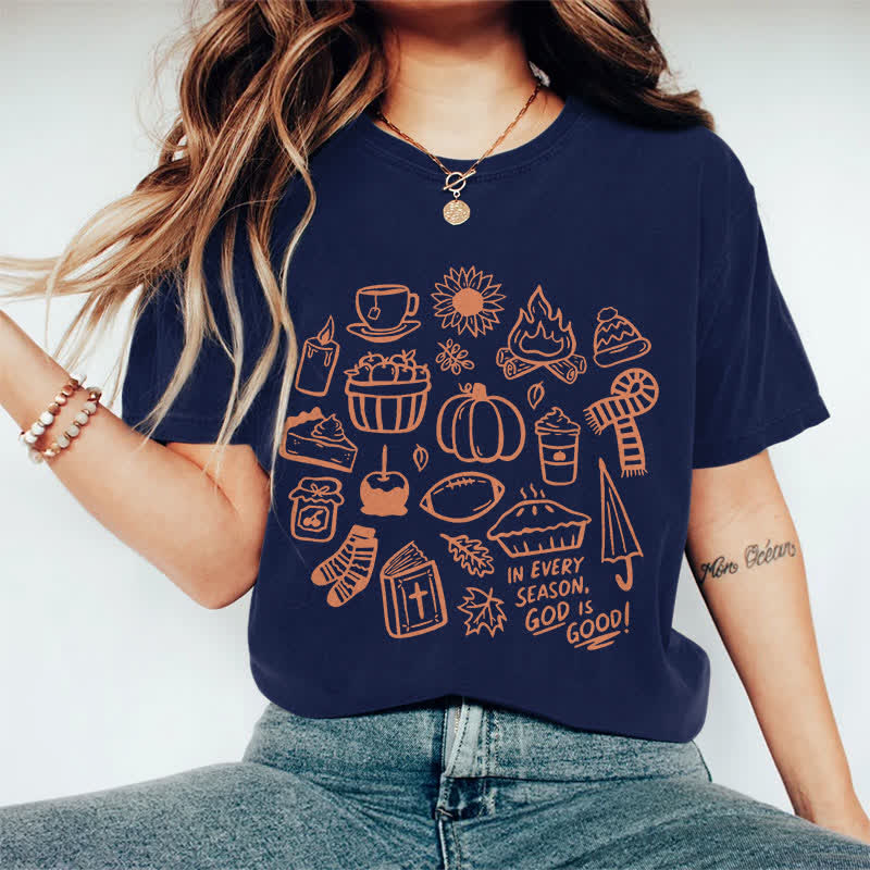 100% Cotton Women's In Every Season, God Is Good! Art Print Casual T-shirt - Navy Blue - 2XL - image 8