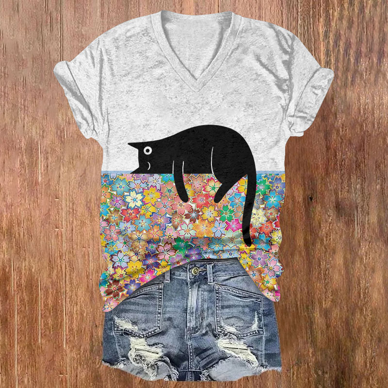 Rainbow Cherry Blossoms And Lazy Cat Print Short Sleeved V-Neck T-Shirt - White - US32-34(5XL) - image 3