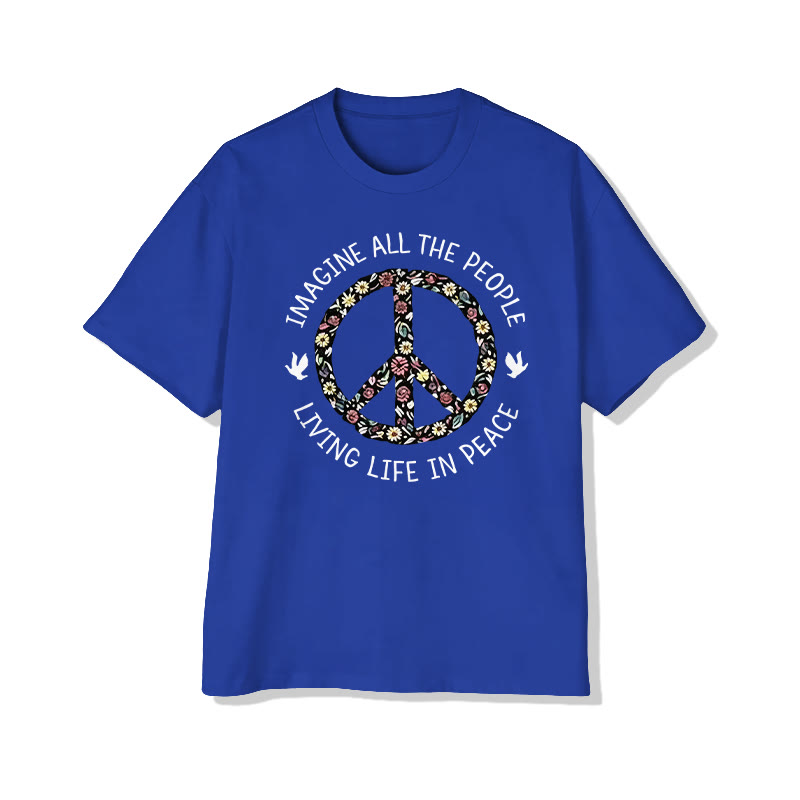 Unisex Imagine All The People Living Life In Peace Pattern Cotton Print T-shirt - Royal Blue - US20-22(3XL) - image 12