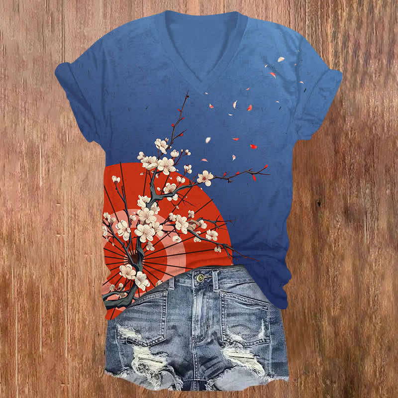 Japanese Vintage Sakura Umbrella Art Print V-neck T-shirt - Dark Blue - US32-34(5XL) - image 4