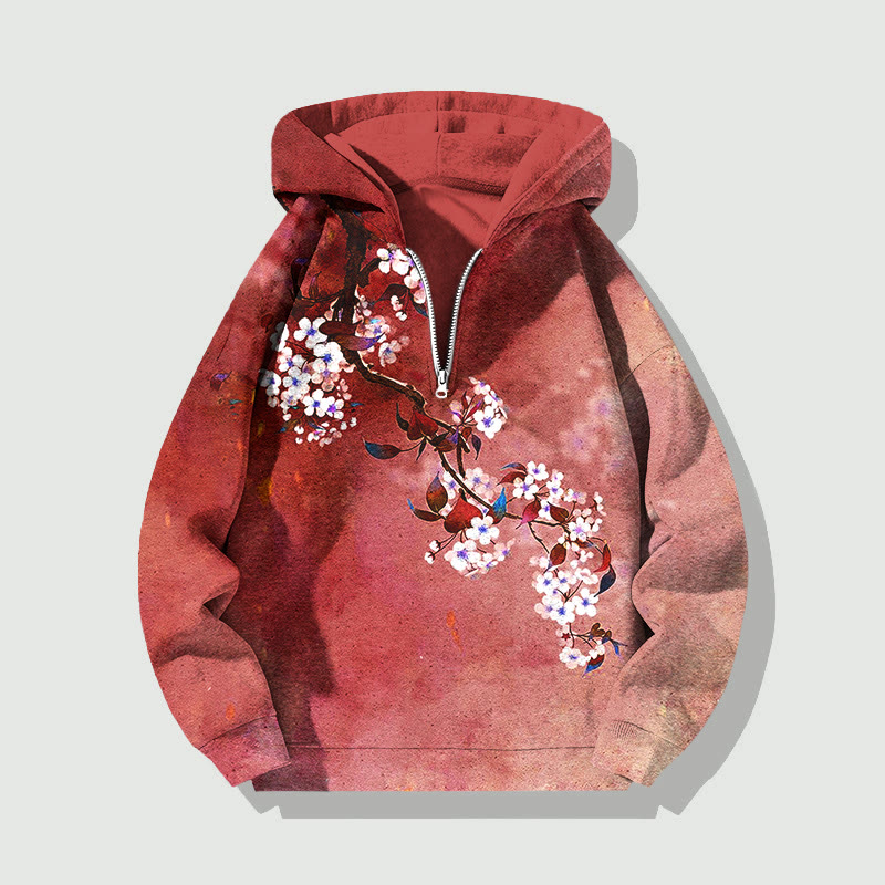 Unisex Japanese Antique Pear Blossom Ink Painting Half Zip Hoodie - Red - US32-34(5XL) - image 5