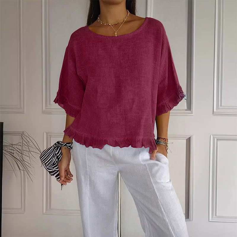 Elegant Solid Ruffles Round Neck Half-sleeve Blouse - Wine - 3XL - image 5