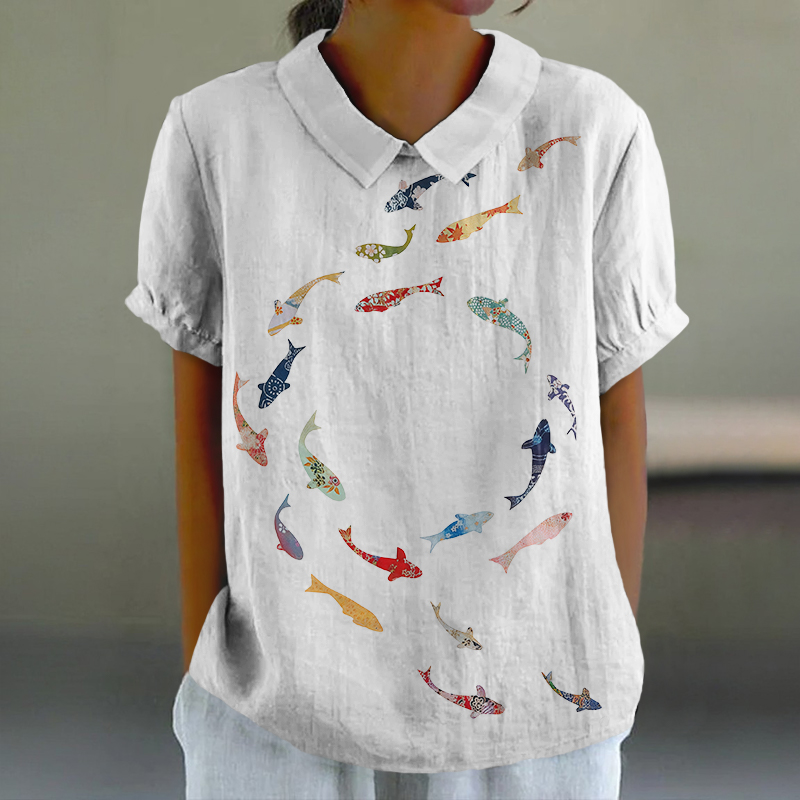 Vintage Colorful Koi Carp Print Casual Lapel Loose Blouse - White - 6XL - image 1