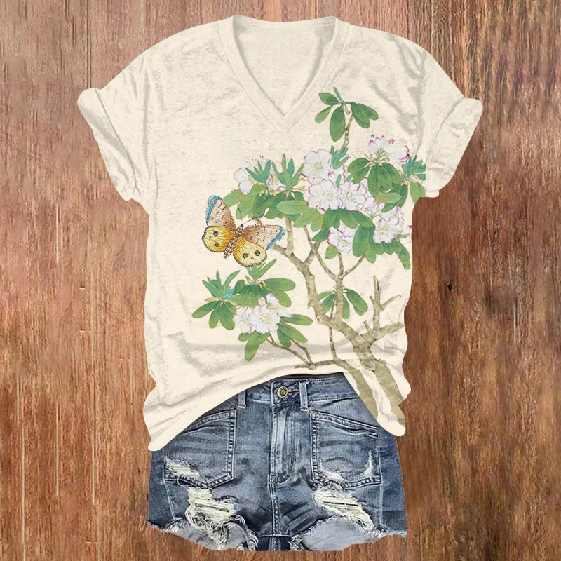 Vintage Floral & Butterfly Art Print V-neck T-shirt - Apricot - US32-34(5XL) - image 3