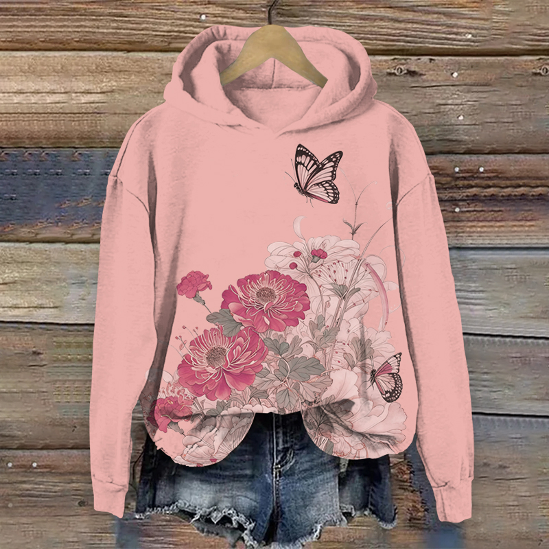 Vintage Butterfly & Blossoms Art Print Long Sleeve Hoodie - Pink - US44-46(8XL) - image 3