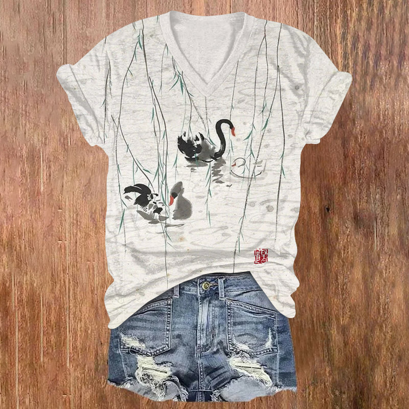 Vintage Black Swan Pattern Print Short Sleeved V-neck T-shirt - Apricot - US32-34(5XL) - image 1