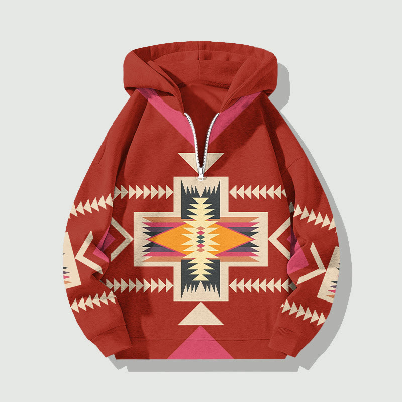 Unisex Multicolor Ethnic Geometric Patterns Art Print Half Zip Hoodie - Red - US32-34(5XL) - image 3