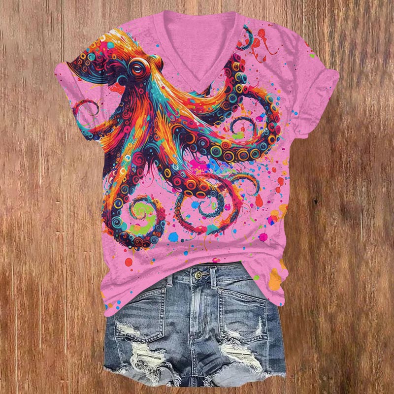 Colorful Ink Painting Of Octopus Print V-neck T-shirt - Pink - US32-34(5XL) - image 3