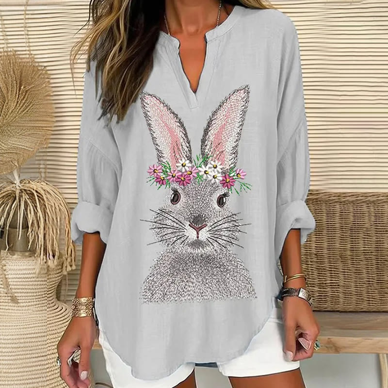 Cute Bunny With Wreath Art Print V Neck Long Sleeve Blouse - Grey - 8XL - image 3