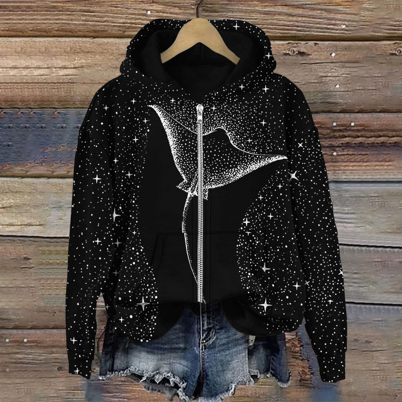 Starry Spotted Eagle Rays Print Long Sleeve Zipper Hoodie - Black - US28-30(4XL) - image 3