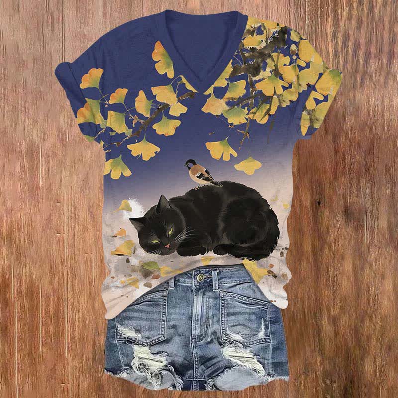 Japanese Oil Painting Black Cat Sleeping Under Ginkgo Tree Art Print V-neck T-shirt - Blue - US32-34(5XL) - image 4