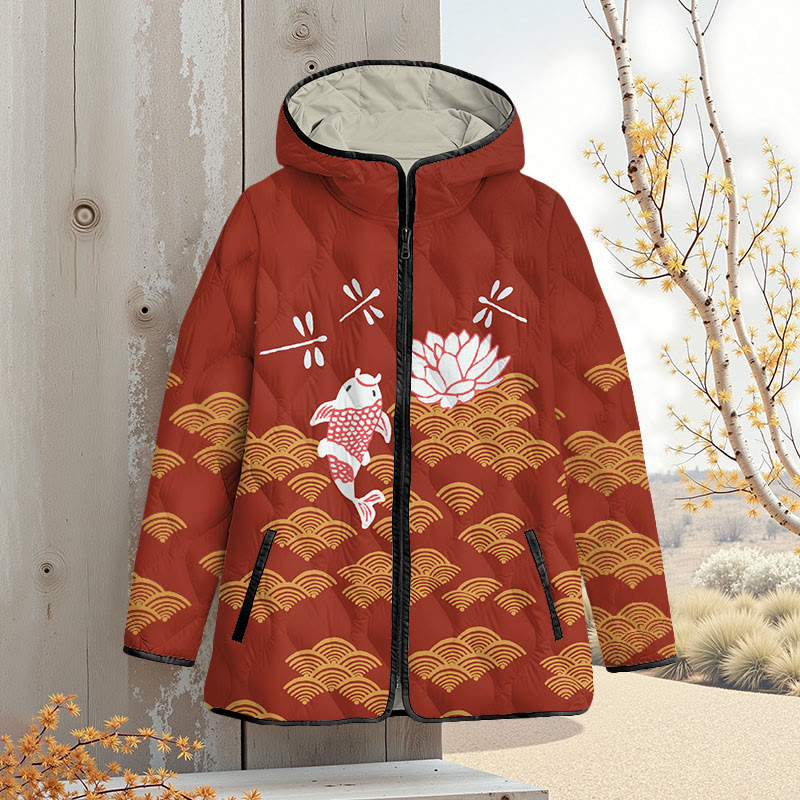 Japanese Style Koi Fish Dragonfly Wave Art Print Zipper Jackets - Red - 4XL - image 5