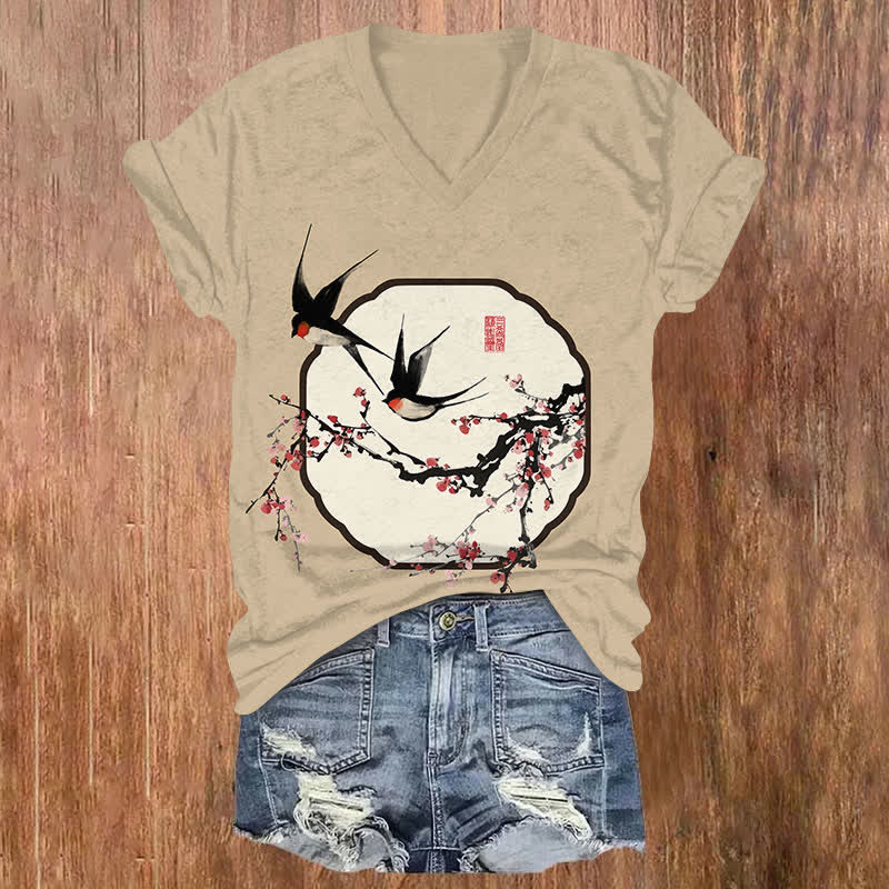 Japanese Vintage Sakura & Swallow Art Print V-neck T-shirt - Khaki - US32-34(5XL) - image 3
