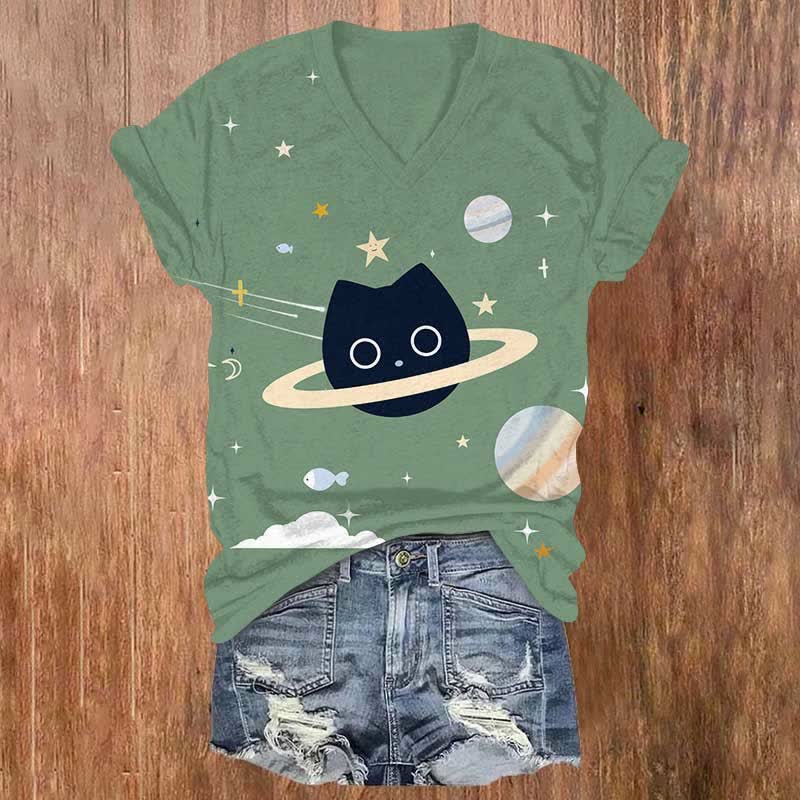 Funny Universe Cat Planet Art Print V-neck T-shirt - Green - US32-34(5XL) - image 3