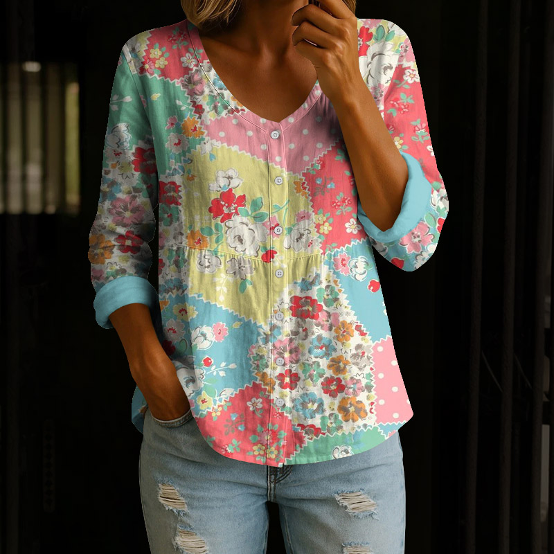 Colorful Flower Patchwork Art Print Button V-neck A-line Long Sleeve Blouse - Multicolor - 4XL - image 1