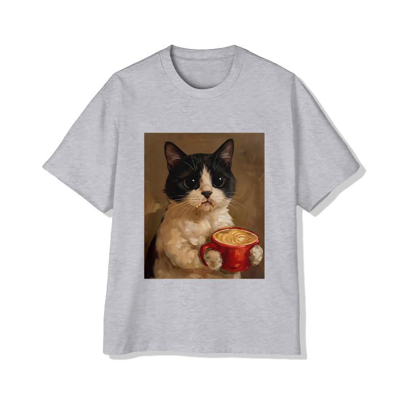 Unisex Vintage Portrait  Cat With Coffee Pattern Short Sleeved Crew Neck T-Shirt - Grey - 2XL - image 3