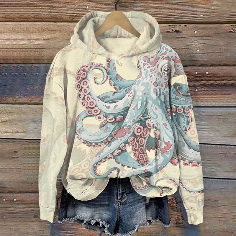 Vintage Giant Leopard Octopus Print Long Sleeve Hoodie - Beige - US44-46(8XL) - image 5