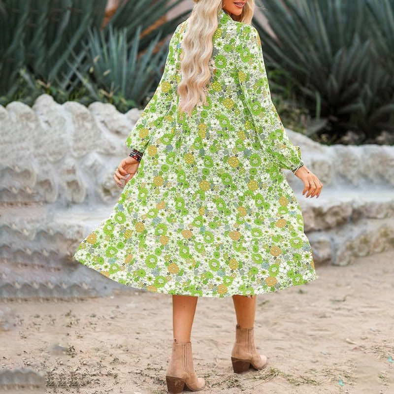 Boho Wildflower Print Shirt  V-neck Lantern Sleeves Mid Dress - image 7