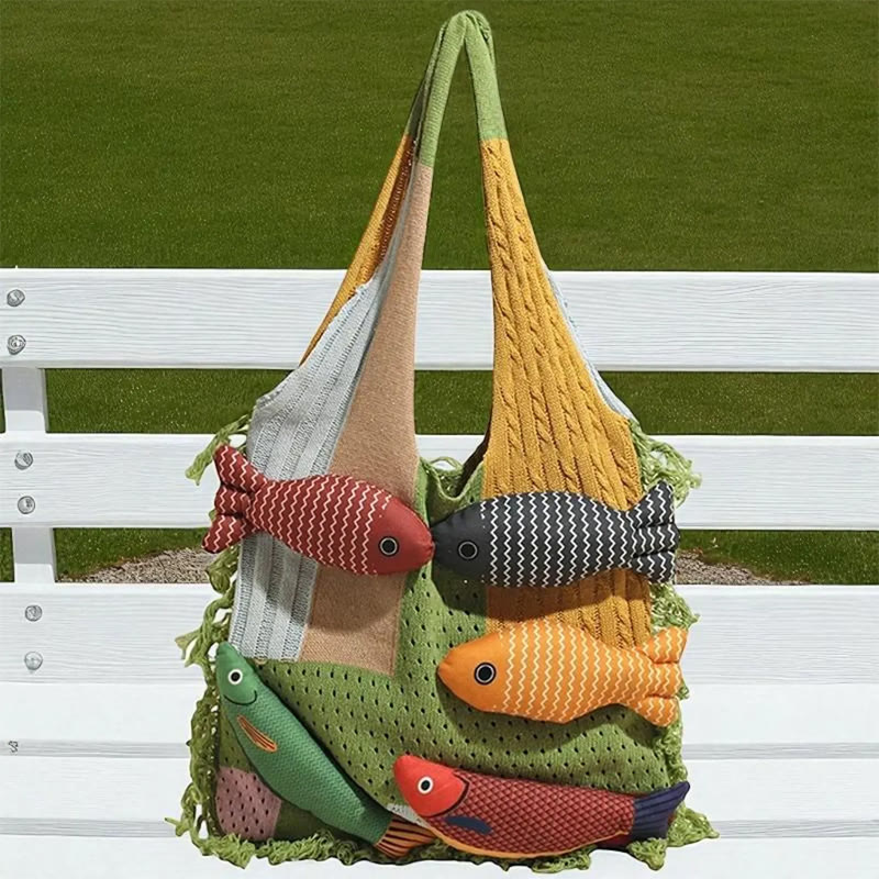 Boho Fish Charm Crochet Patchwork Knitted Beach Tote Bag - Green - 34*2*36cm - image 3