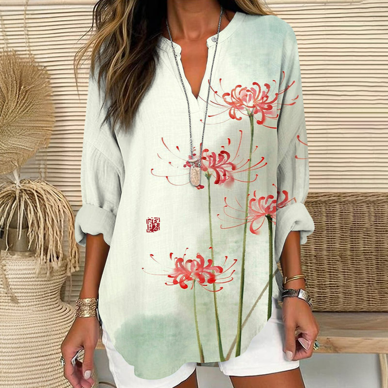 Watercolor Lycoris Radiata Art Print V Neck Long Sleeve Blouse - Light Green - 8XL - image 1