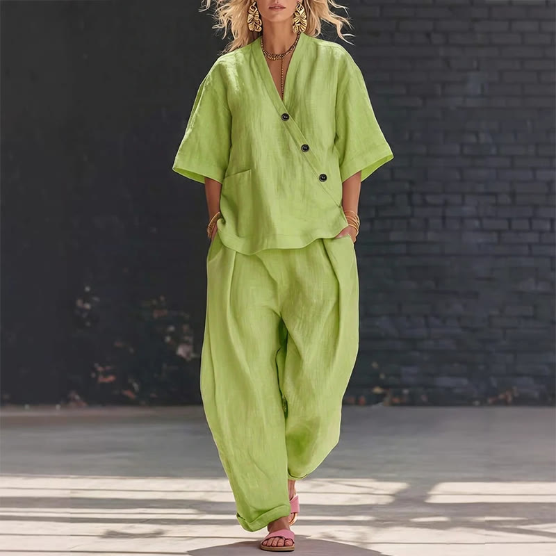 Cozy Solid Loose-fitting 3/4 Sleeve Blouse&wide-leg Pants Set - Green - 5XL - image 3