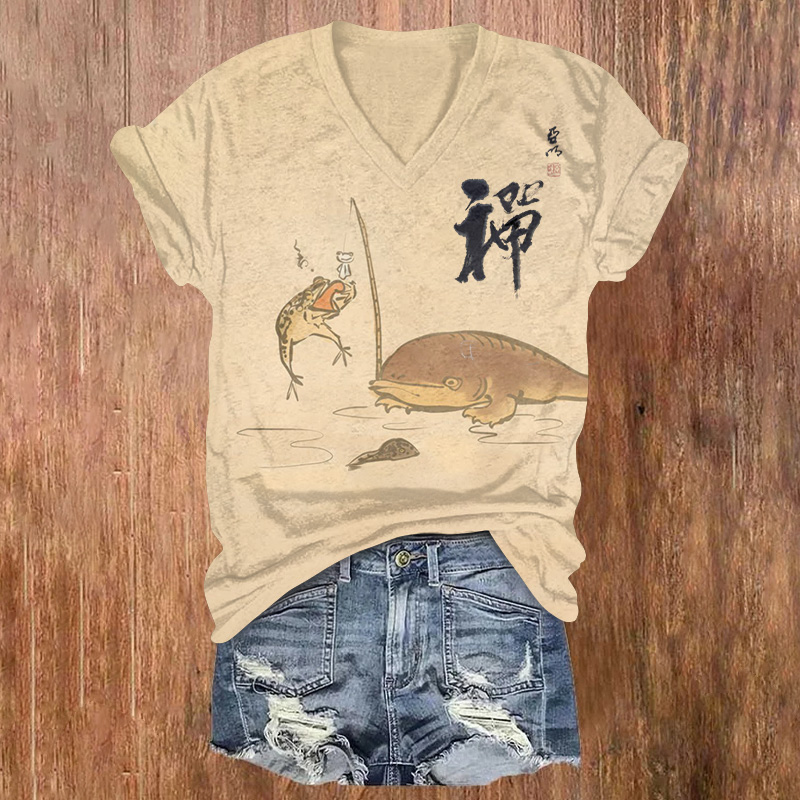 Japanese-style Fun Fishing Frog Printed Short Sleeved V-neck T-shirt - Khaki - US32-34(5XL) - image 1
