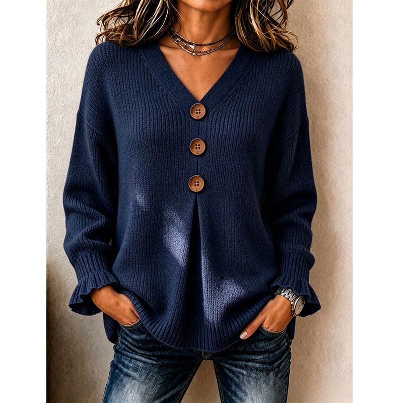 Women's V-Neck Knit Top With Decorative Buttons & Ruffle Cuffs - Navy Blue - 3XL - image 10