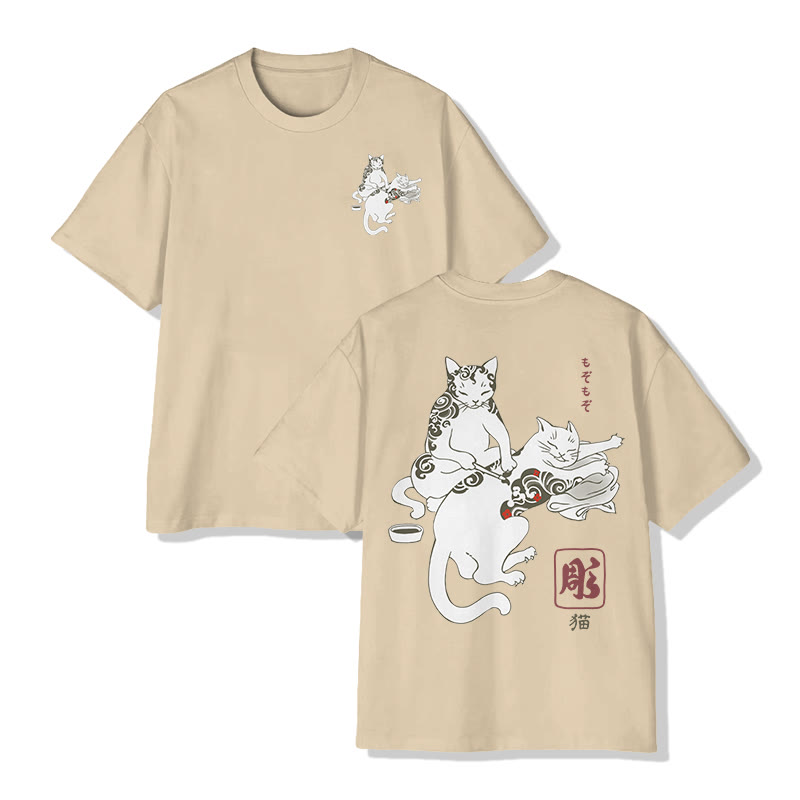 Unisex Fun Cat Tattoo Lounge Short Sleeved Crew Neck T-Shirt - Apricot - 2XL - image 9