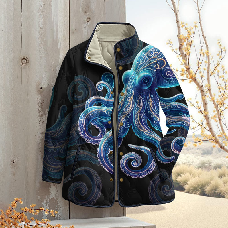 Vintage Wise Ocean Octopus Printouterwear Jackets - Black - 4XL - image 5